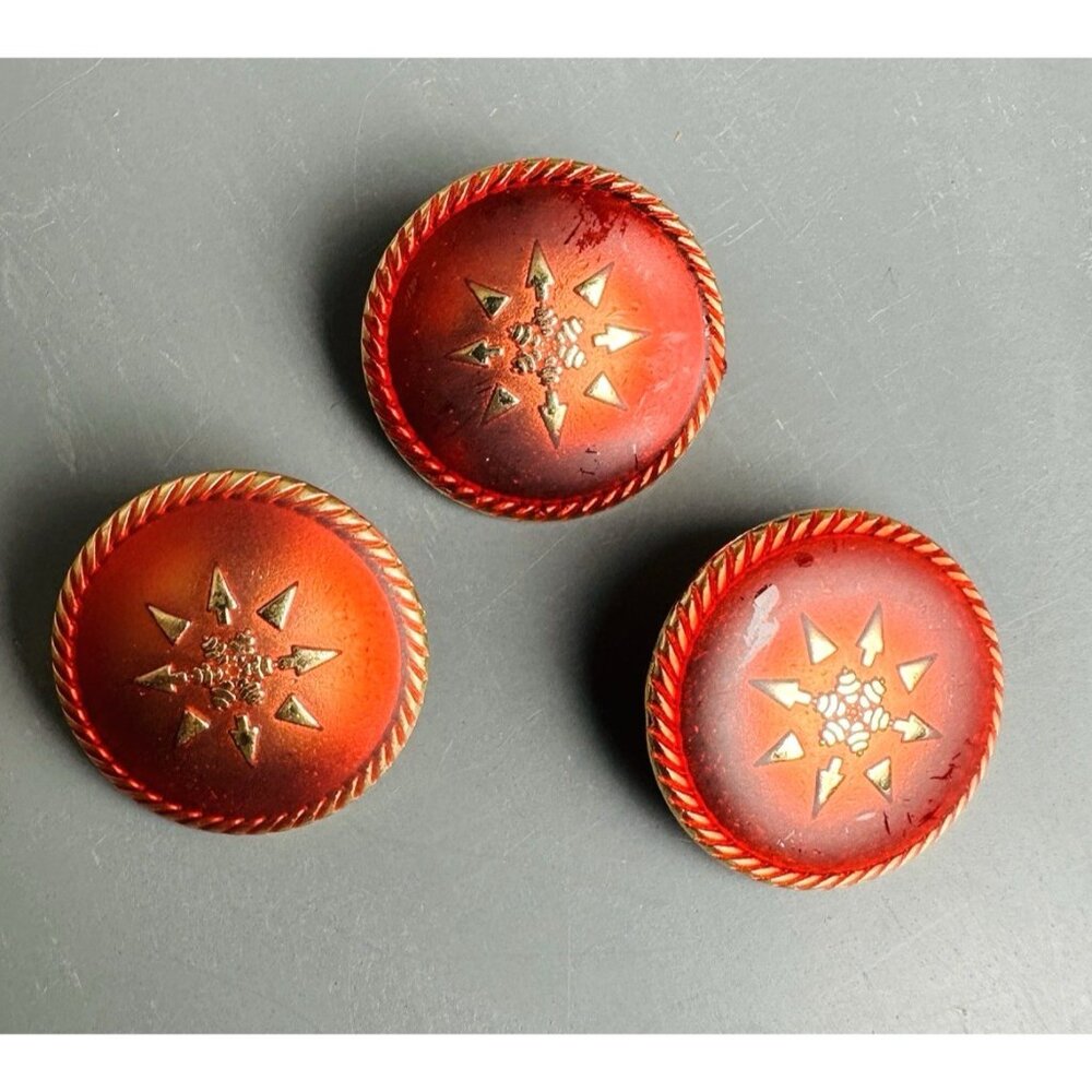 Vintage Fiery Red Enamel Gold Tone Starburst Shank Buttons Set of 3 Round 1”